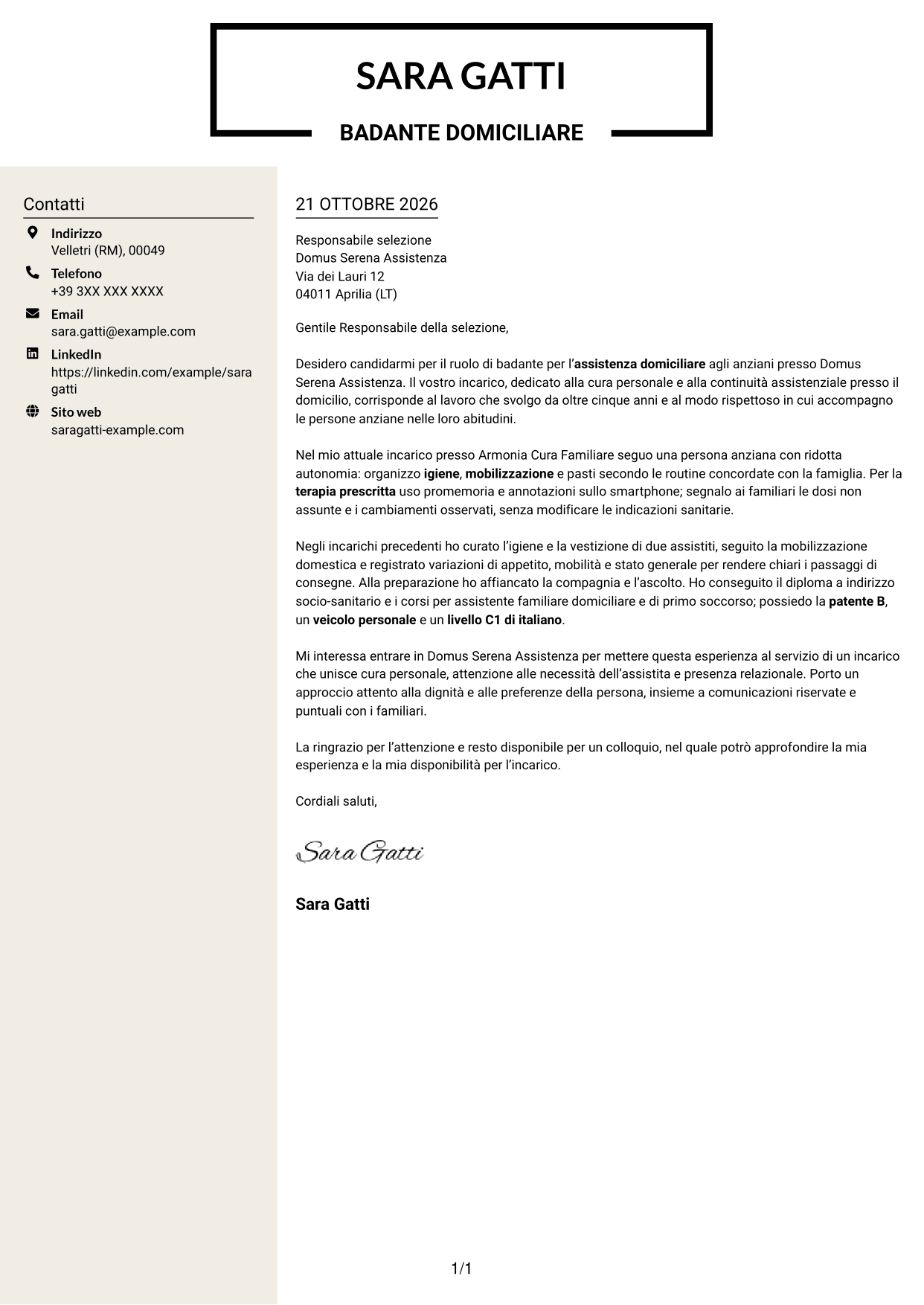 Lettera di presentazione Intraprendente (formato a due colonne con intestazione centrata senza foto): Badante - Assistenza domiciliare agli anziani, pagina 1