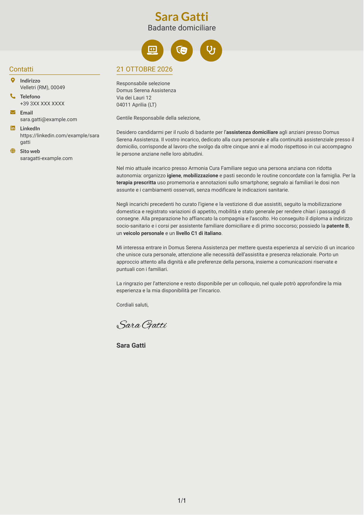 Lettera di presentazione Dinamico (formato a due colonne con icone): Badante - Assistenza domiciliare agli anziani, pagina 1