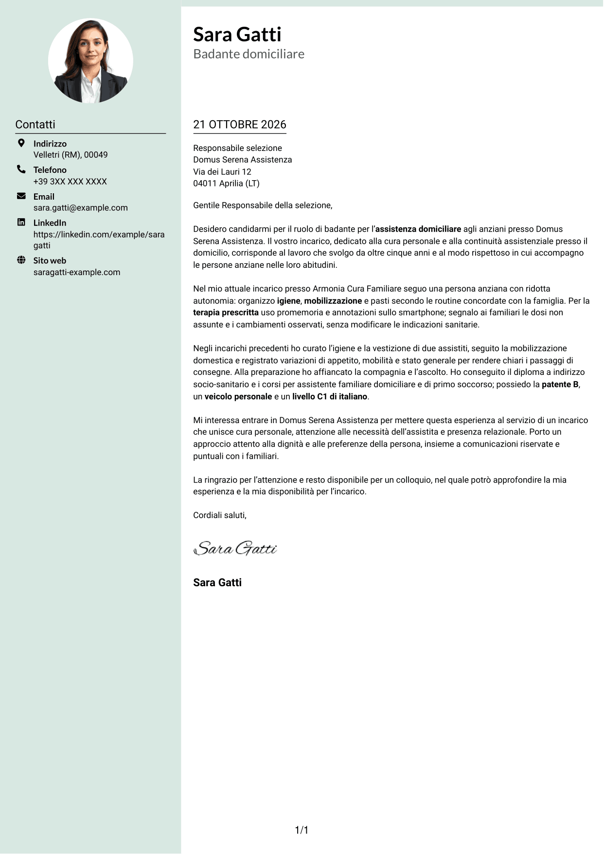 Lettera di presentazione Dirigente (formato con colonna laterale tenue e foto arrotondata): Badante - Assistenza domiciliare agli anziani, pagina 1