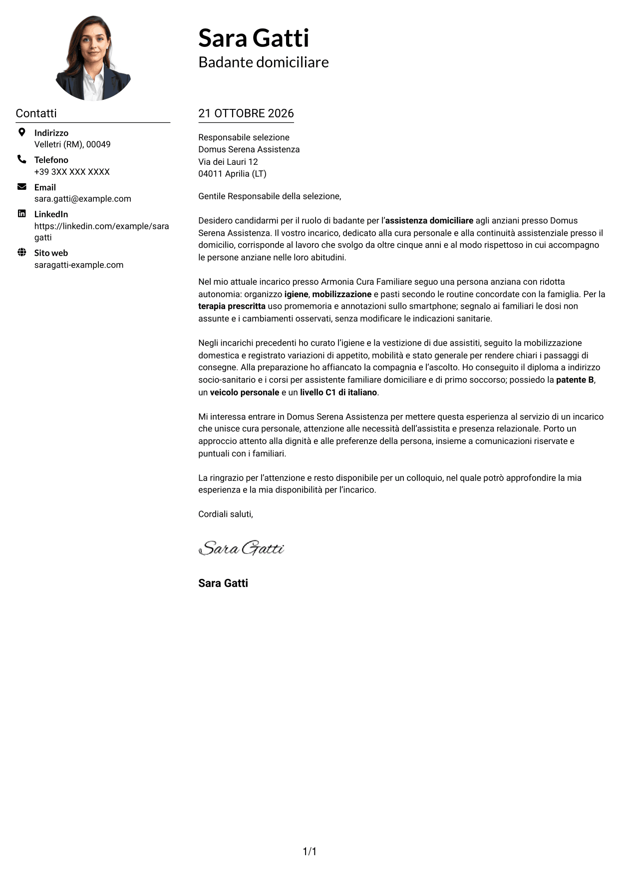 Esempio di lettera di presentazione — pagina 1