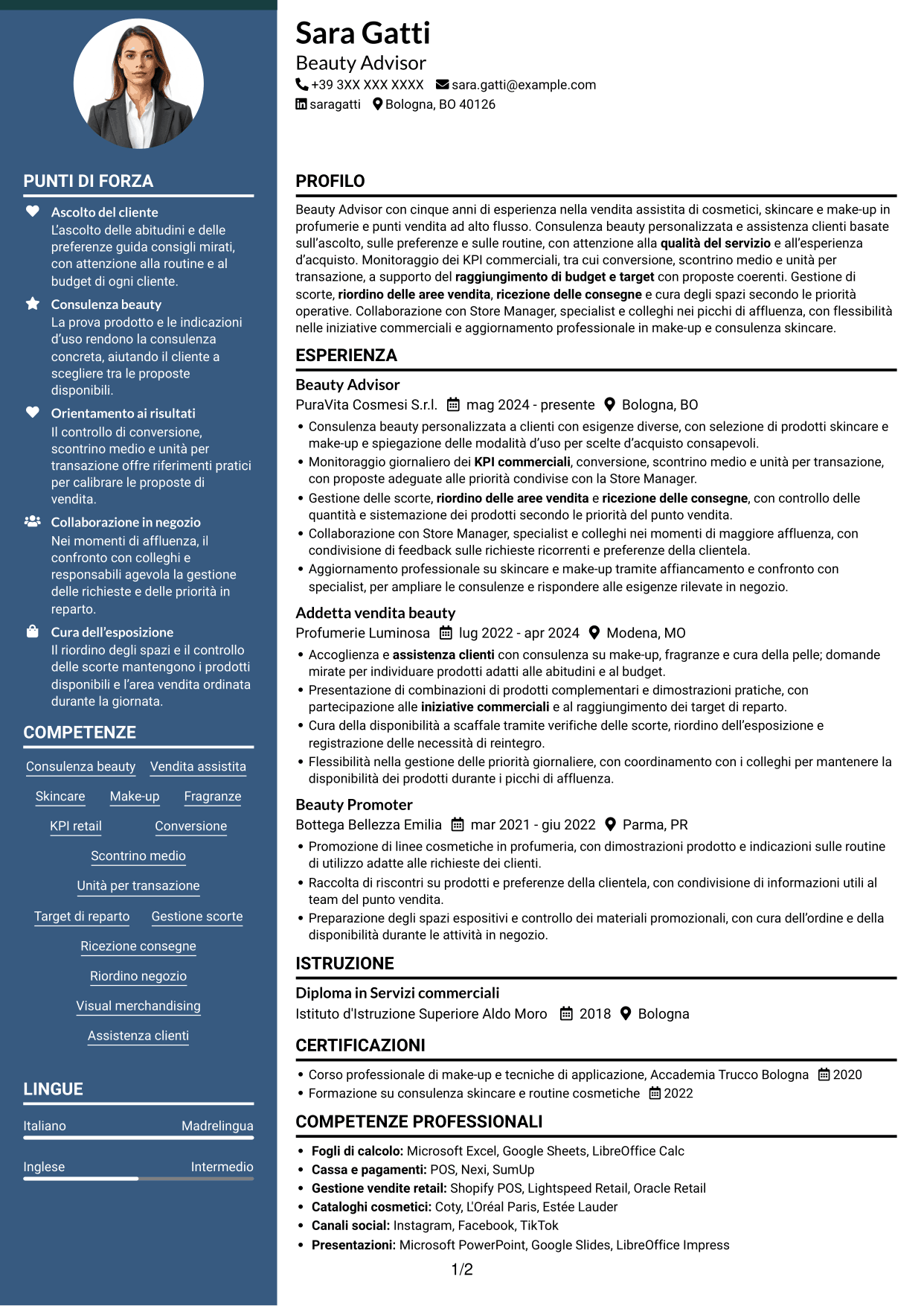 CV Elegante (formato con colonna laterale colorata e foto): Beauty Advisor - Consulenza beauty e vendita, pagina 1