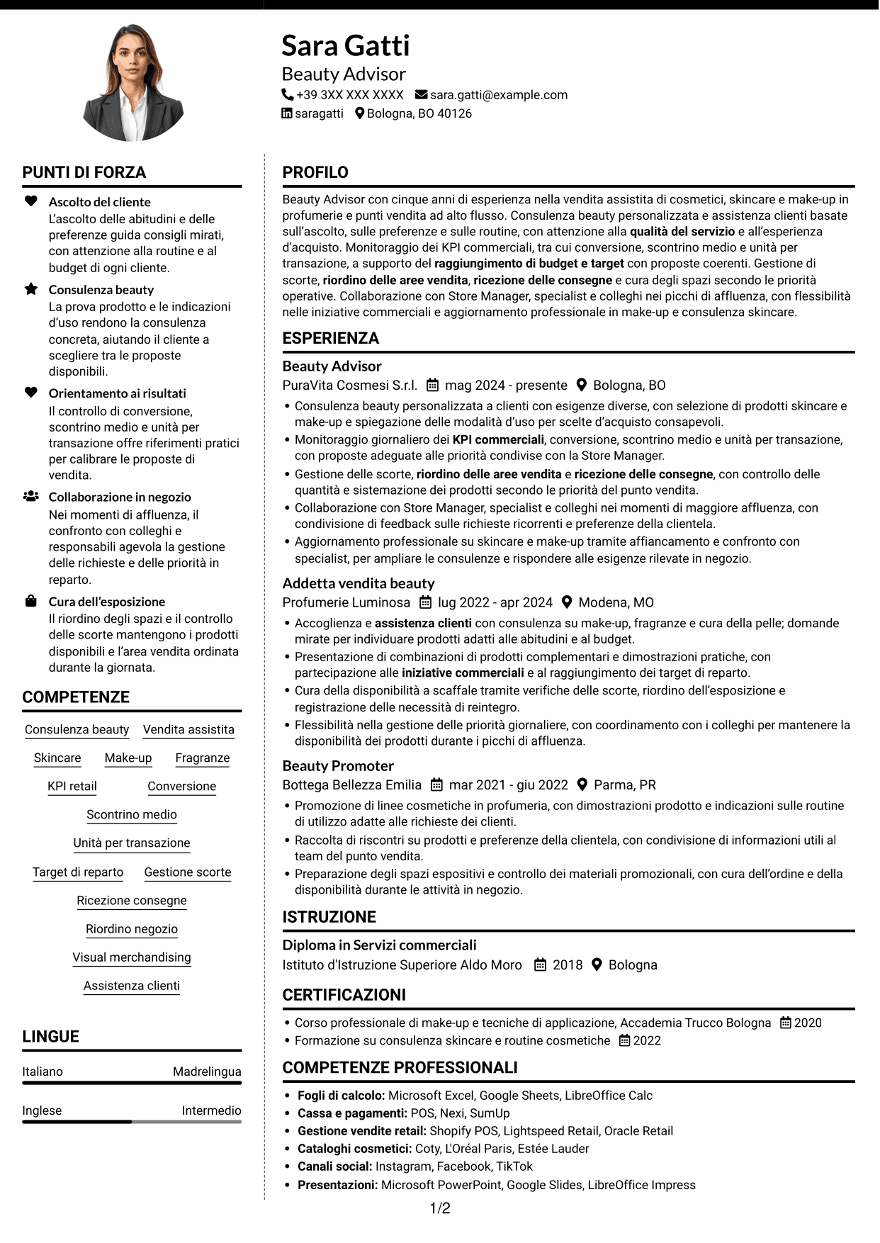 CV Moderno (formato a due colonne con foto a sinistra e separatore): Beauty Advisor - Consulenza beauty e vendita, pagina 1