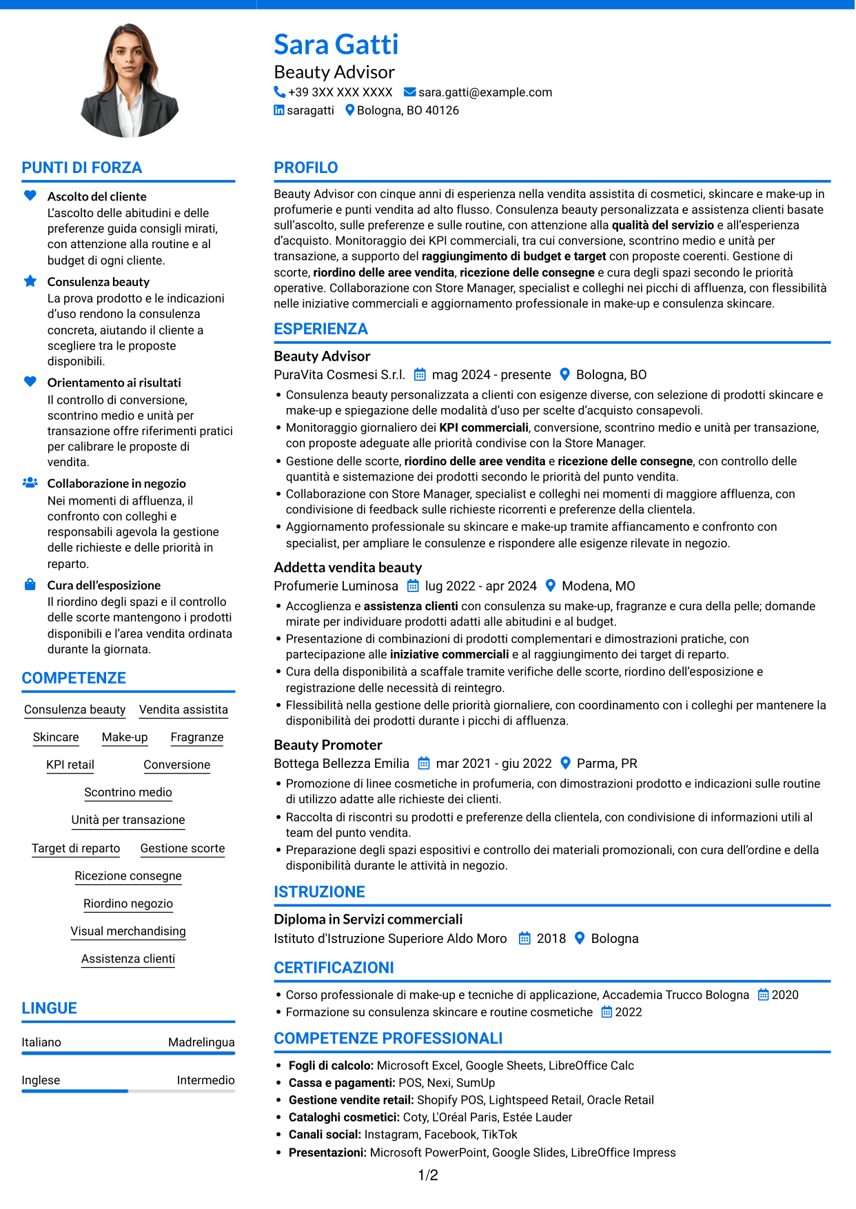 CV Audace (formato a due colonne con accenti colorati e foto): Beauty Advisor - Consulenza beauty e vendita, pagina 1