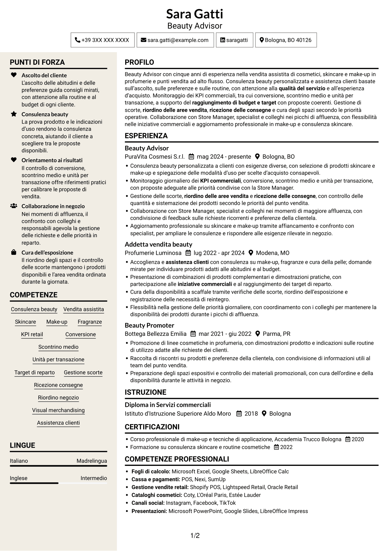 CV Intraprendente (formato a due colonne con intestazione centrata senza foto): Beauty Advisor - Consulenza beauty e vendita, pagina 1