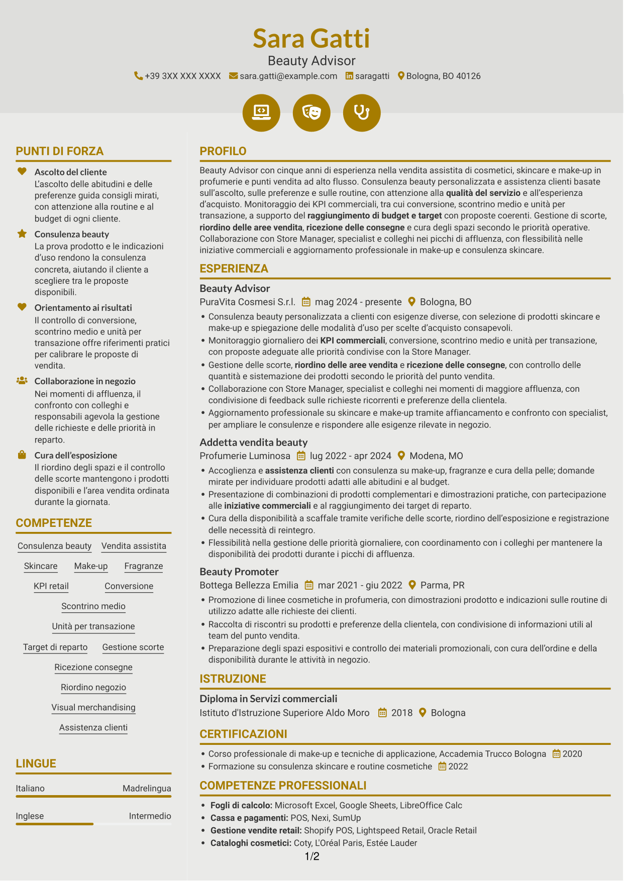 CV Dinamico (formato a due colonne con icone): Beauty Advisor - Consulenza beauty e vendita, pagina 1