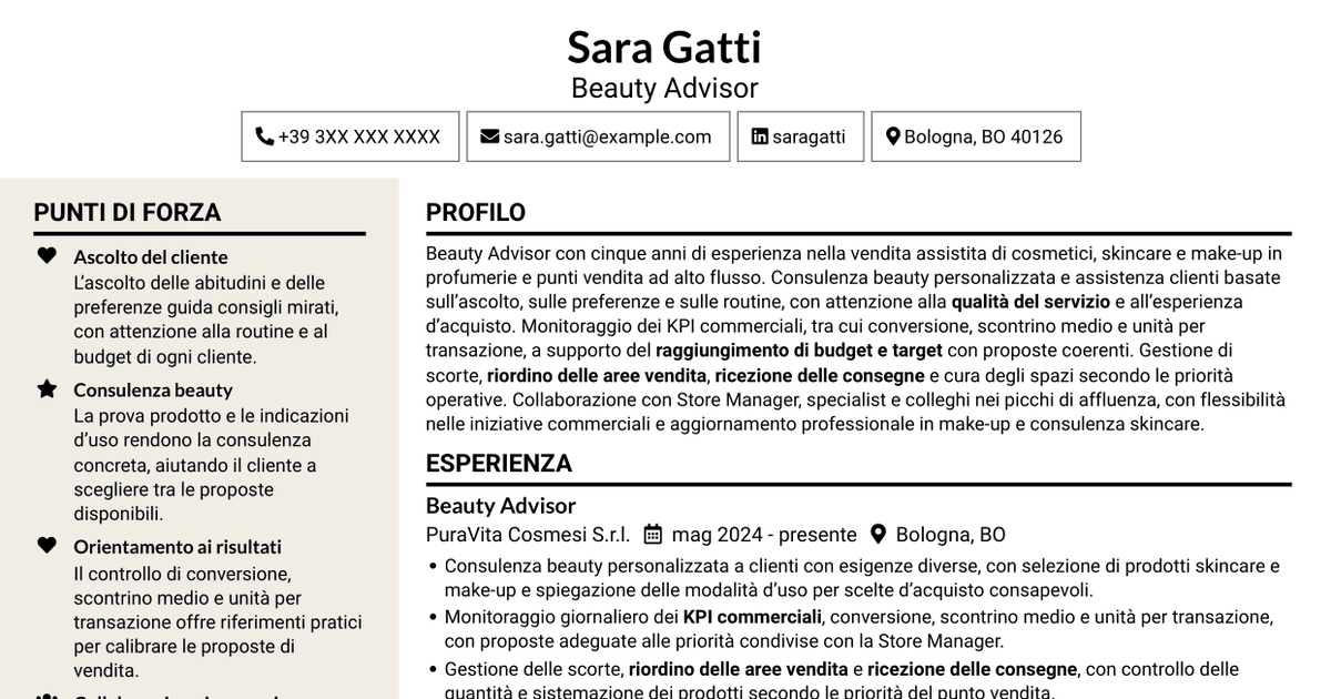 7 modelli di CV per Beauty Advisor - Consulenza beauty e vendita, con esempi