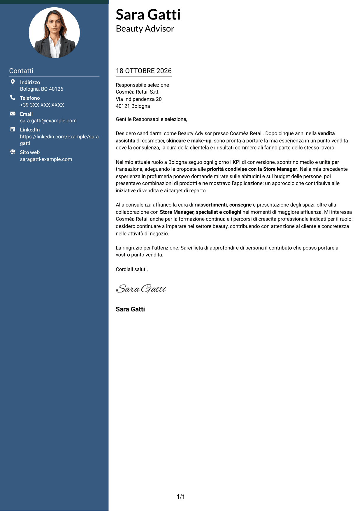 Lettera di presentazione Elegante (formato con colonna laterale colorata e foto): Beauty Advisor - Consulenza beauty e vendita, pagina 1