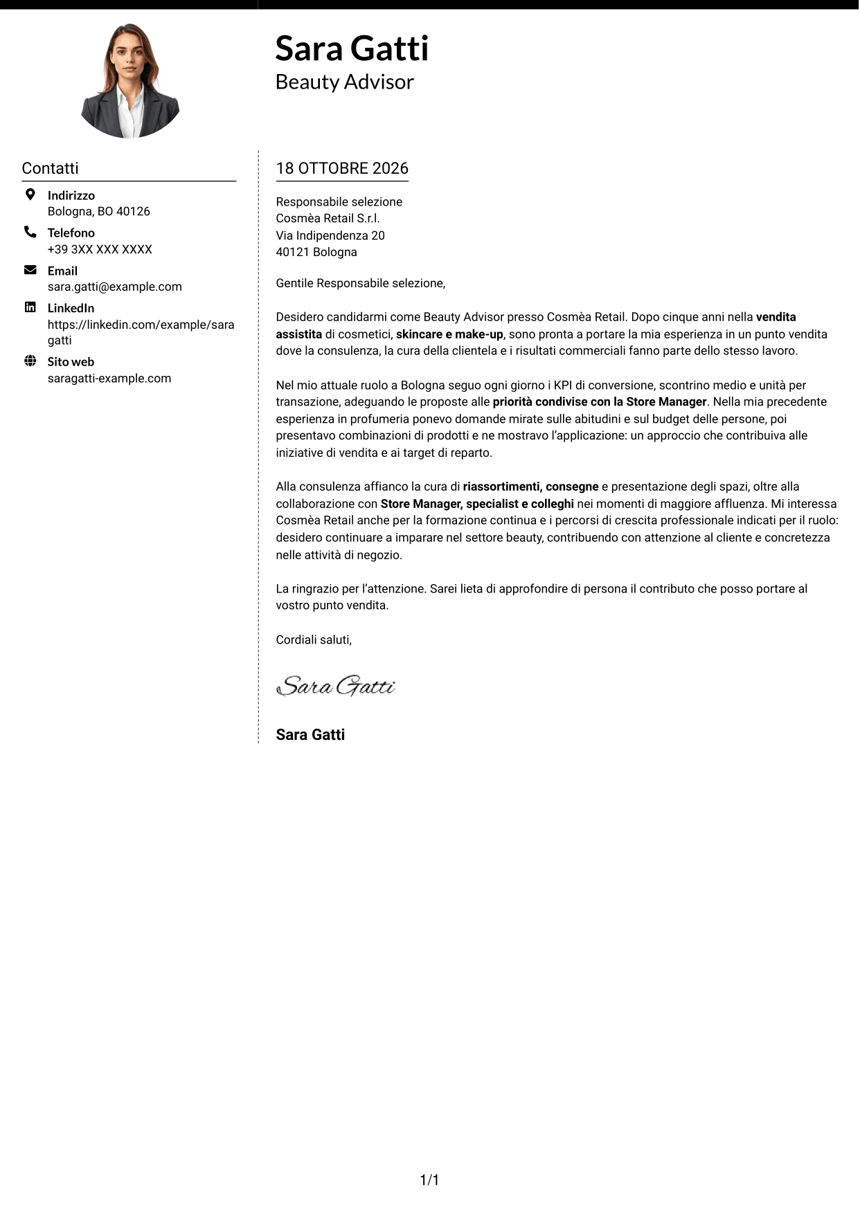 Lettera di presentazione Moderno (formato a due colonne con foto a sinistra e separatore): Beauty Advisor - Consulenza beauty e vendita, pagina 1