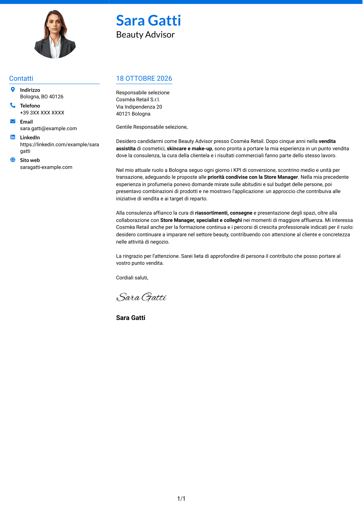 Lettera di presentazione Audace (formato a due colonne con accenti colorati e foto): Beauty Advisor - Consulenza beauty e vendita, pagina 1