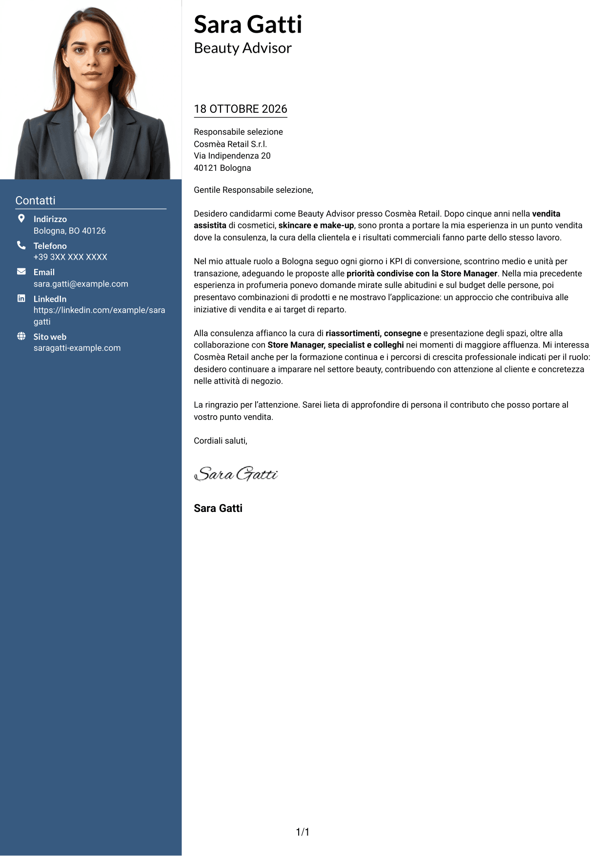 Lettera di presentazione Signature (formato con colonna laterale colorata e foto grande): Beauty Advisor - Consulenza beauty e vendita, pagina 1