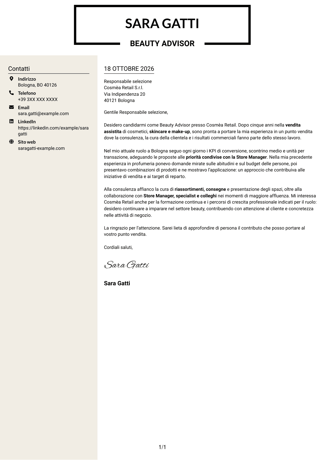 Lettera di presentazione Intraprendente (formato a due colonne con intestazione centrata senza foto): Beauty Advisor - Consulenza beauty e vendita, pagina 1