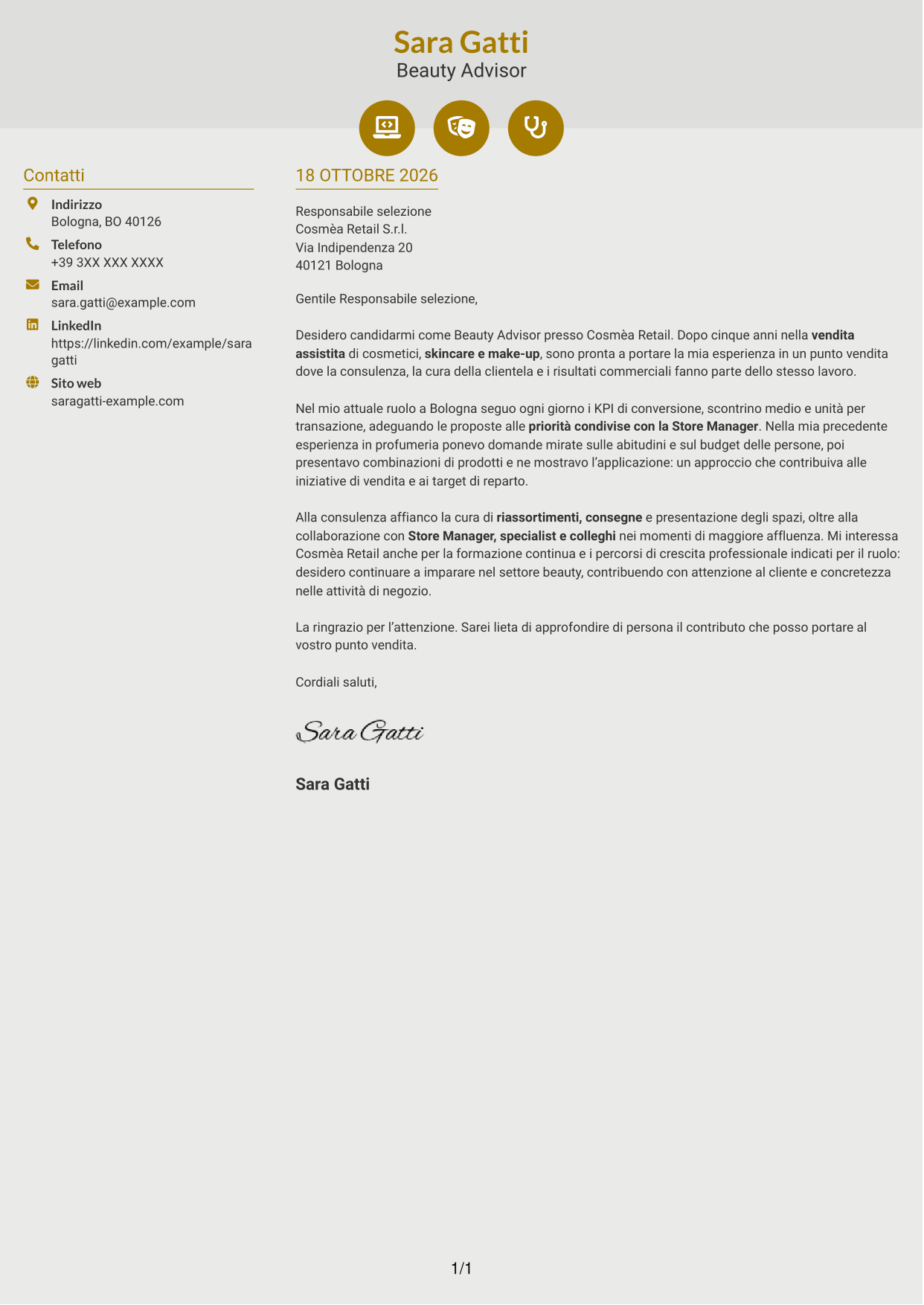 Lettera di presentazione Dinamico (formato a due colonne con icone): Beauty Advisor - Consulenza beauty e vendita, pagina 1