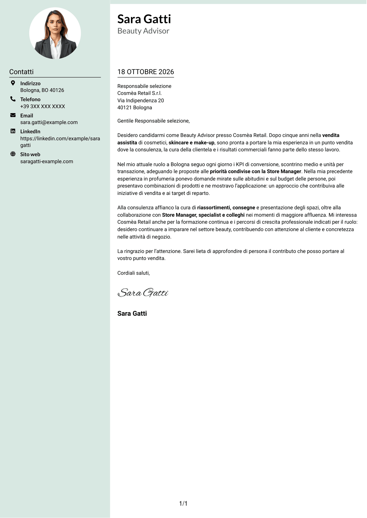 Lettera di presentazione Dirigente (formato con colonna laterale tenue e foto arrotondata): Beauty Advisor - Consulenza beauty e vendita, pagina 1
