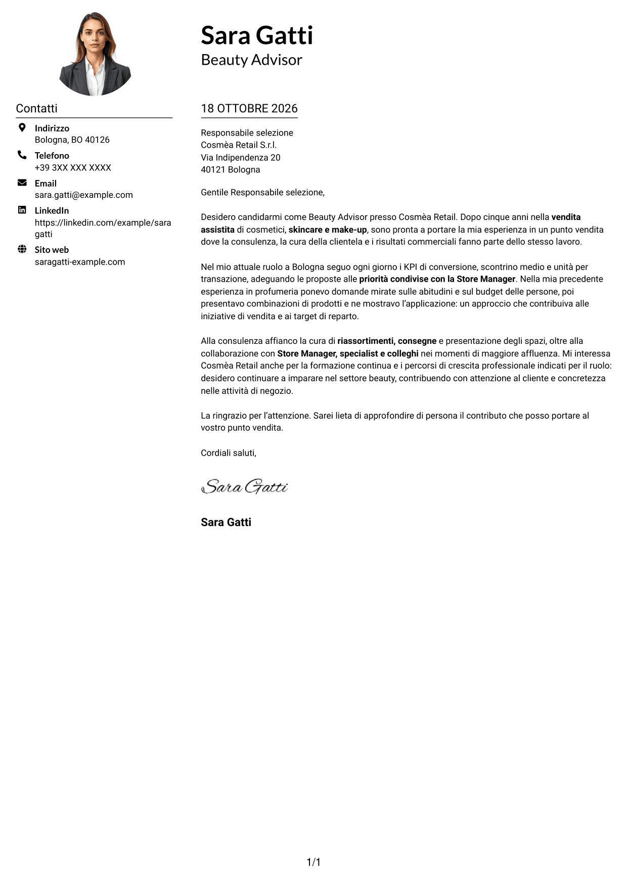 Esempio di lettera di presentazione — pagina 1
