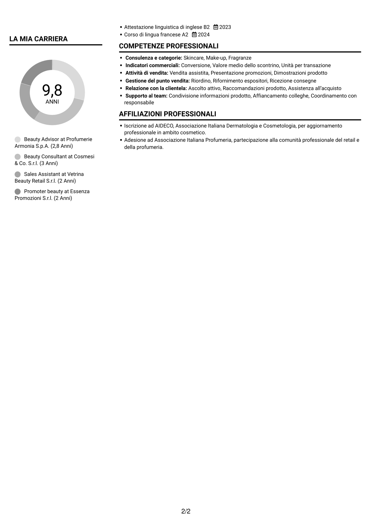 CV Compatto (formato sobrio a due colonne con foto): Beauty Advisor, pagina 2
