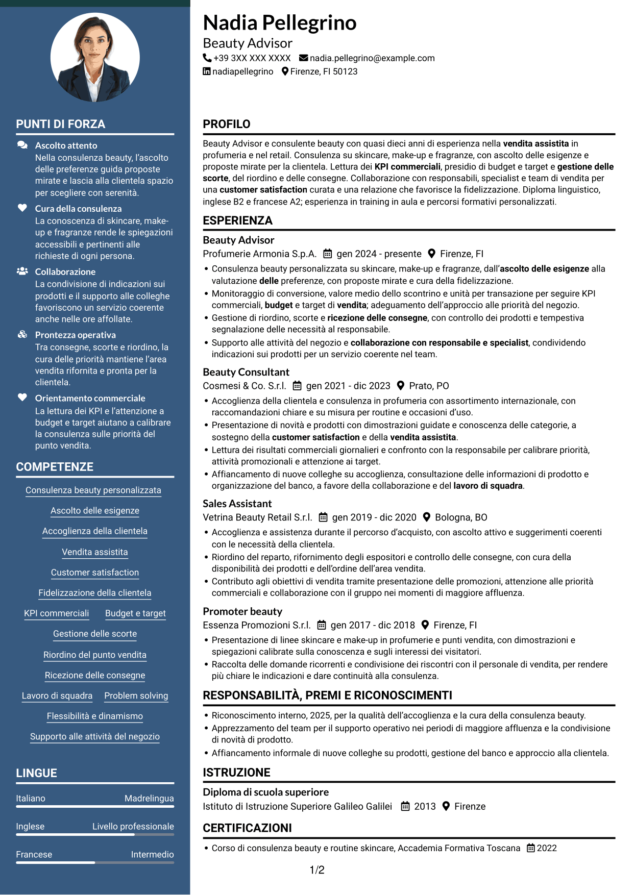 CV Elegante (formato con colonna laterale colorata e foto): Beauty Advisor, pagina 1