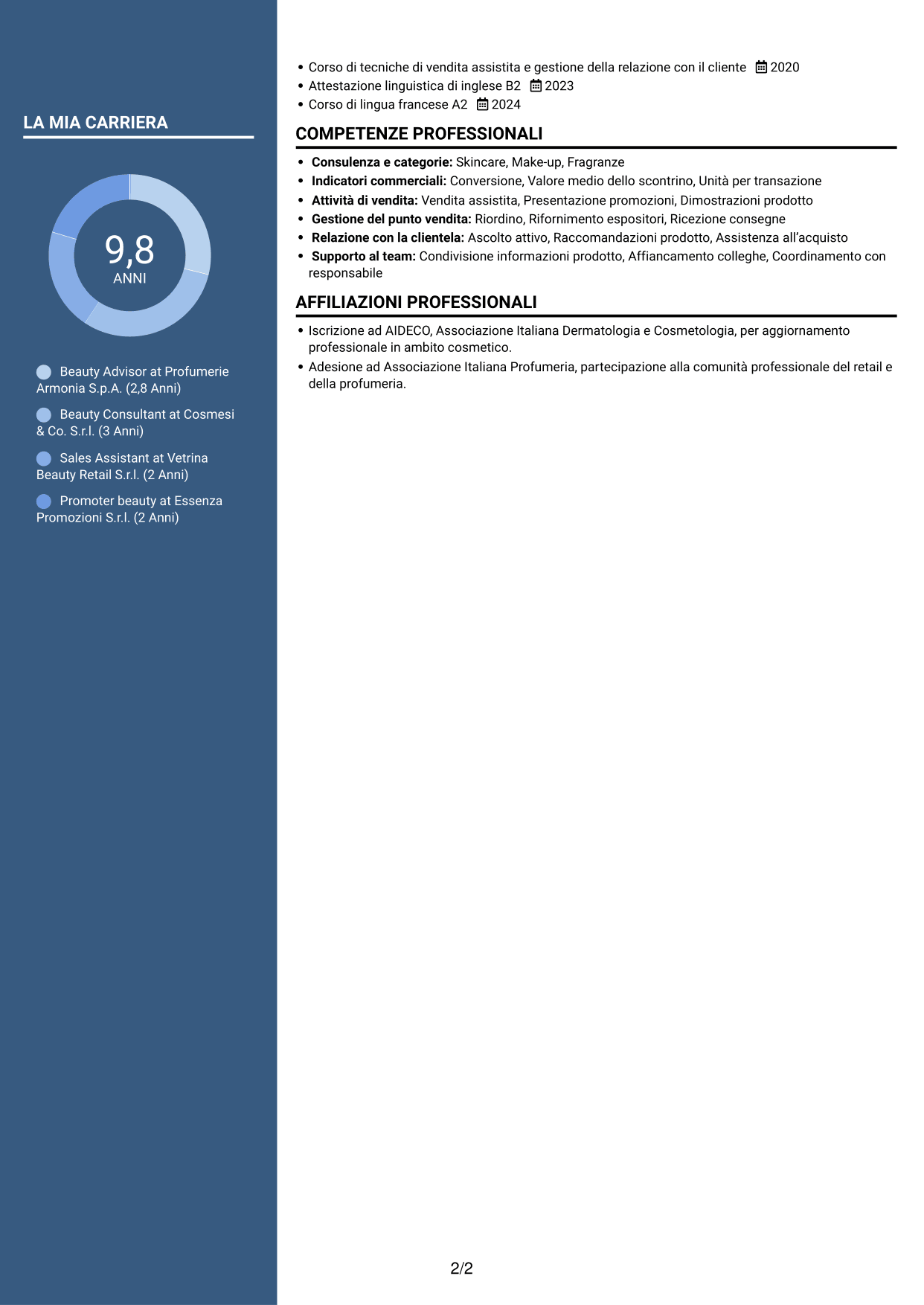CV Elegante (formato con colonna laterale colorata e foto): Beauty Advisor, pagina 2