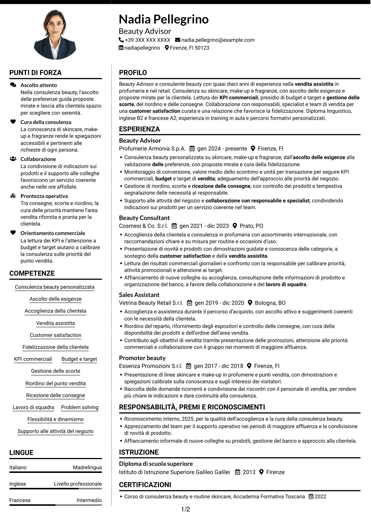 CV Moderno (formato a due colonne con foto a sinistra e separatore): Beauty Advisor, pagina 1