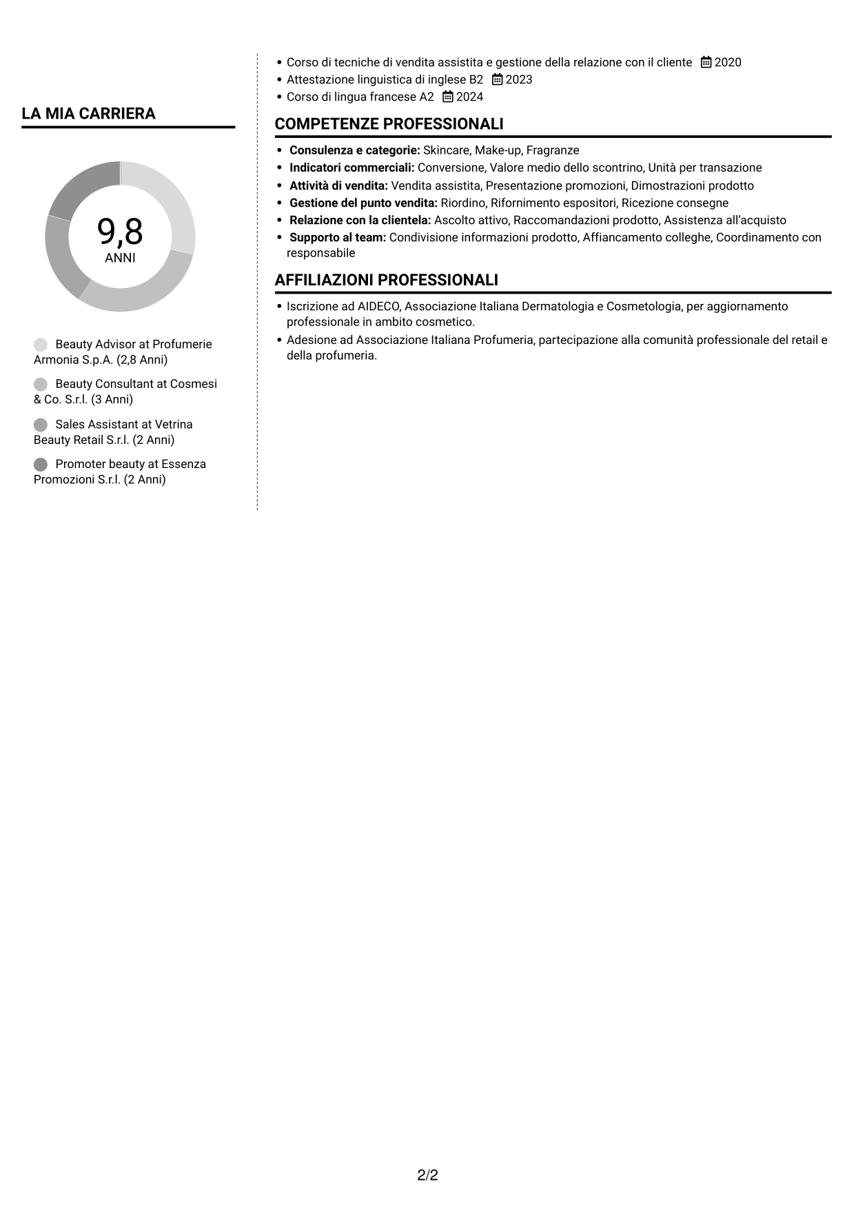 CV Moderno (formato a due colonne con foto a sinistra e separatore): Beauty Advisor, pagina 2