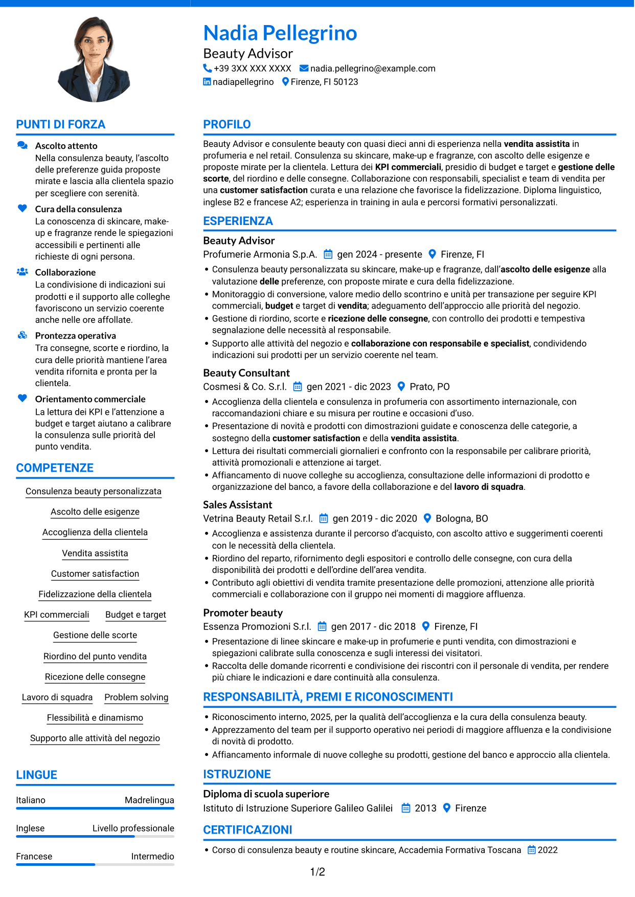 CV Audace (formato a due colonne con accenti colorati e foto): Beauty Advisor, pagina 1