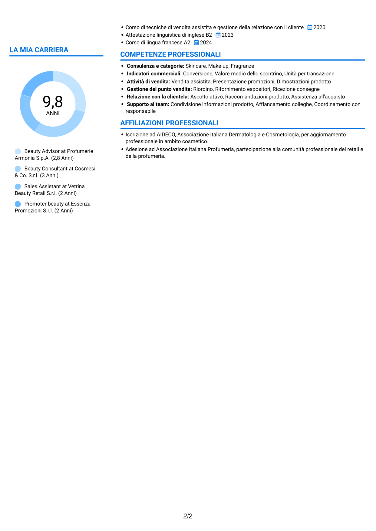 CV Audace (formato a due colonne con accenti colorati e foto): Beauty Advisor, pagina 2