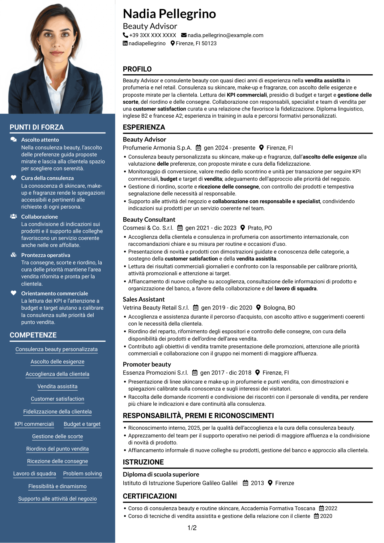 CV Signature (formato con colonna laterale colorata e foto grande): Beauty Advisor, pagina 1