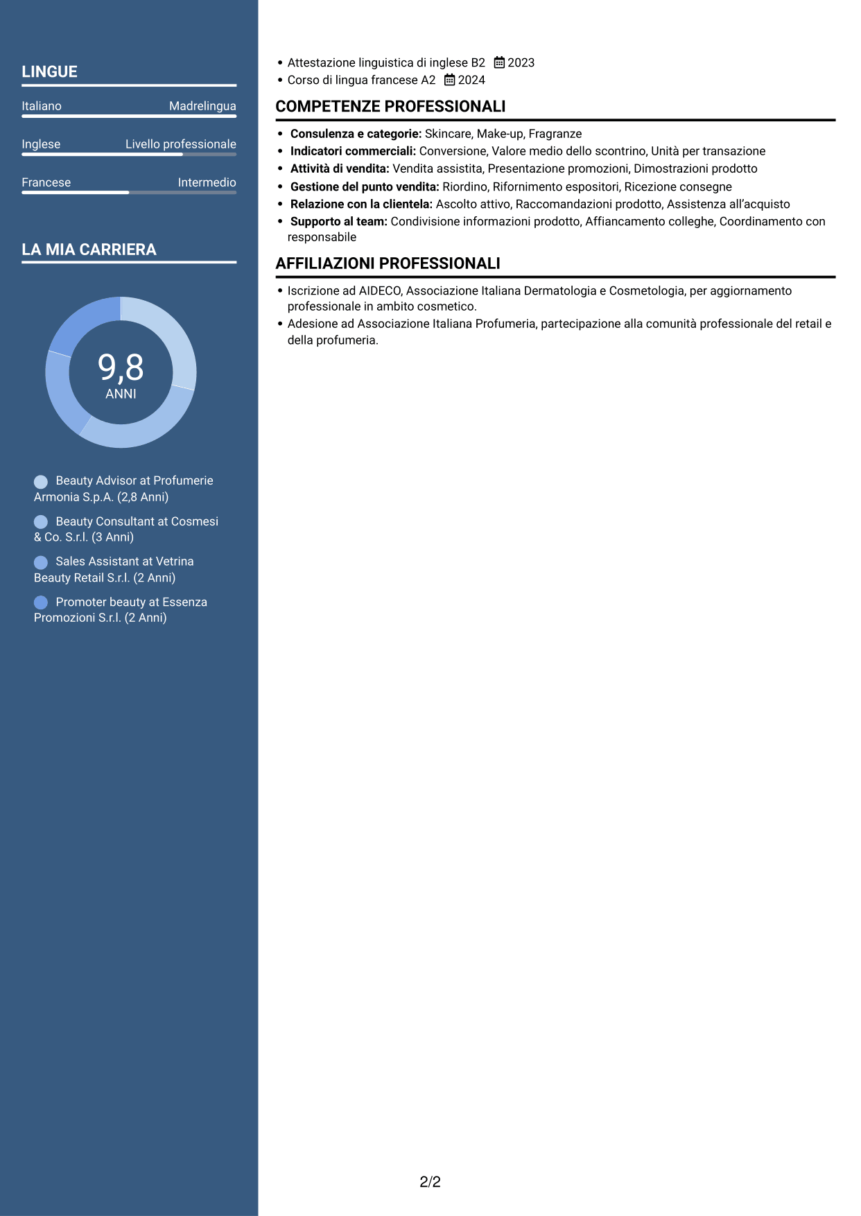 CV Signature (formato con colonna laterale colorata e foto grande): Beauty Advisor, pagina 2