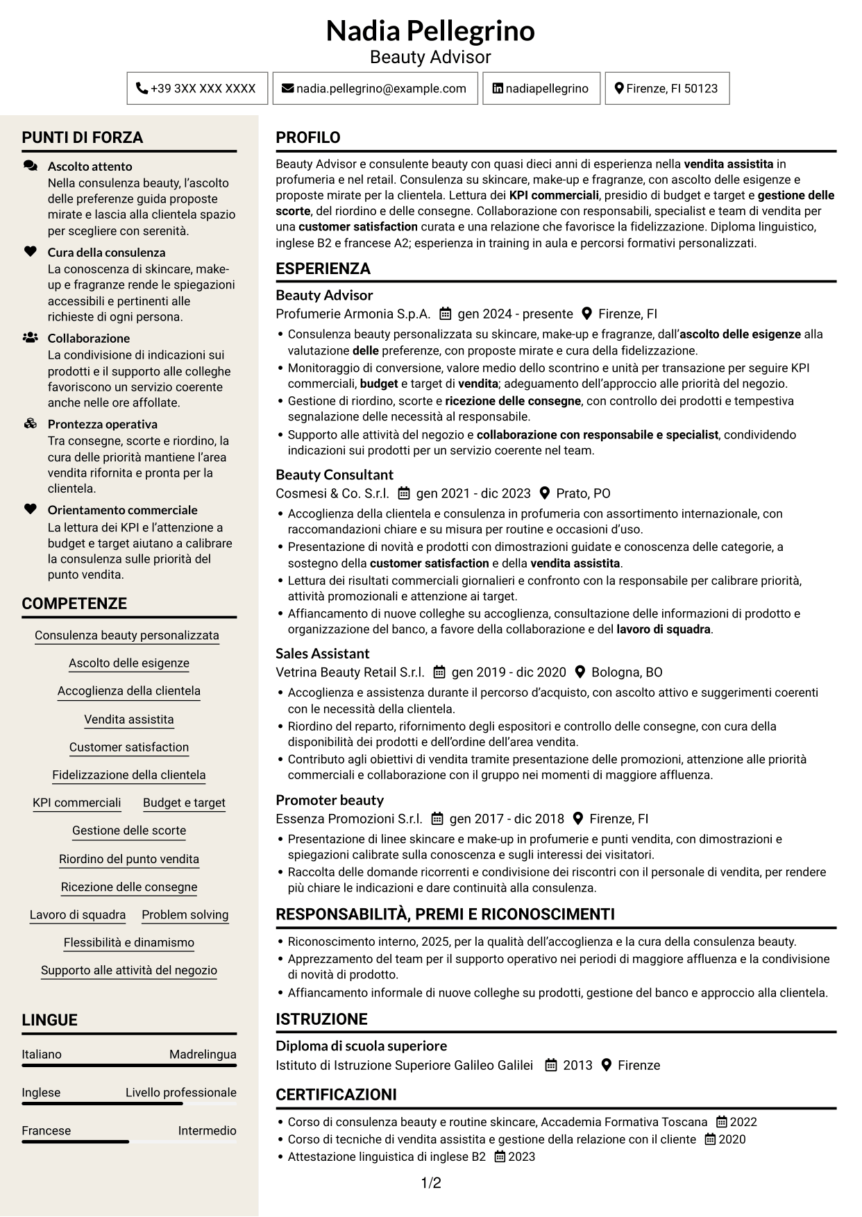 CV Intraprendente (formato a due colonne con intestazione centrata senza foto): Beauty Advisor, pagina 1