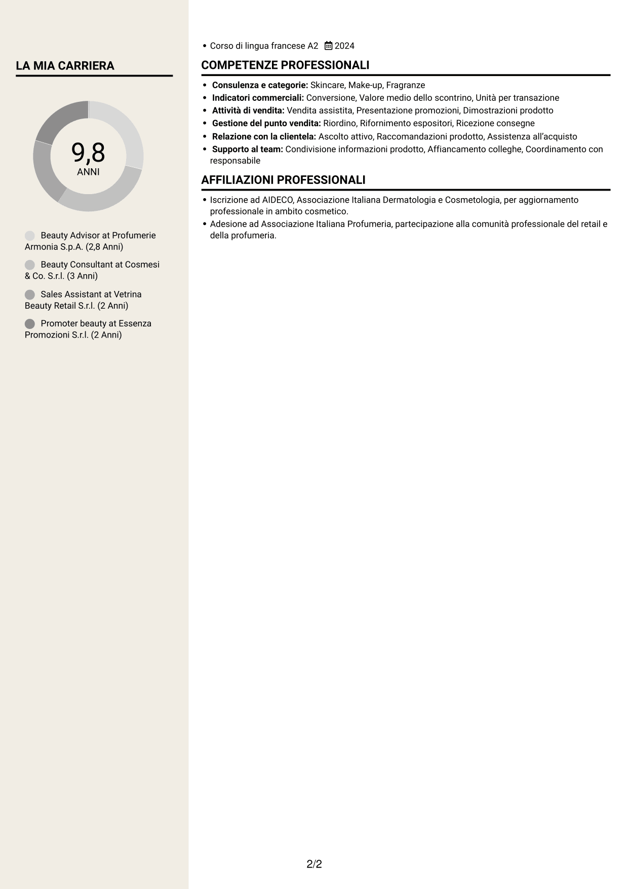CV Intraprendente (formato a due colonne con intestazione centrata senza foto): Beauty Advisor, pagina 2
