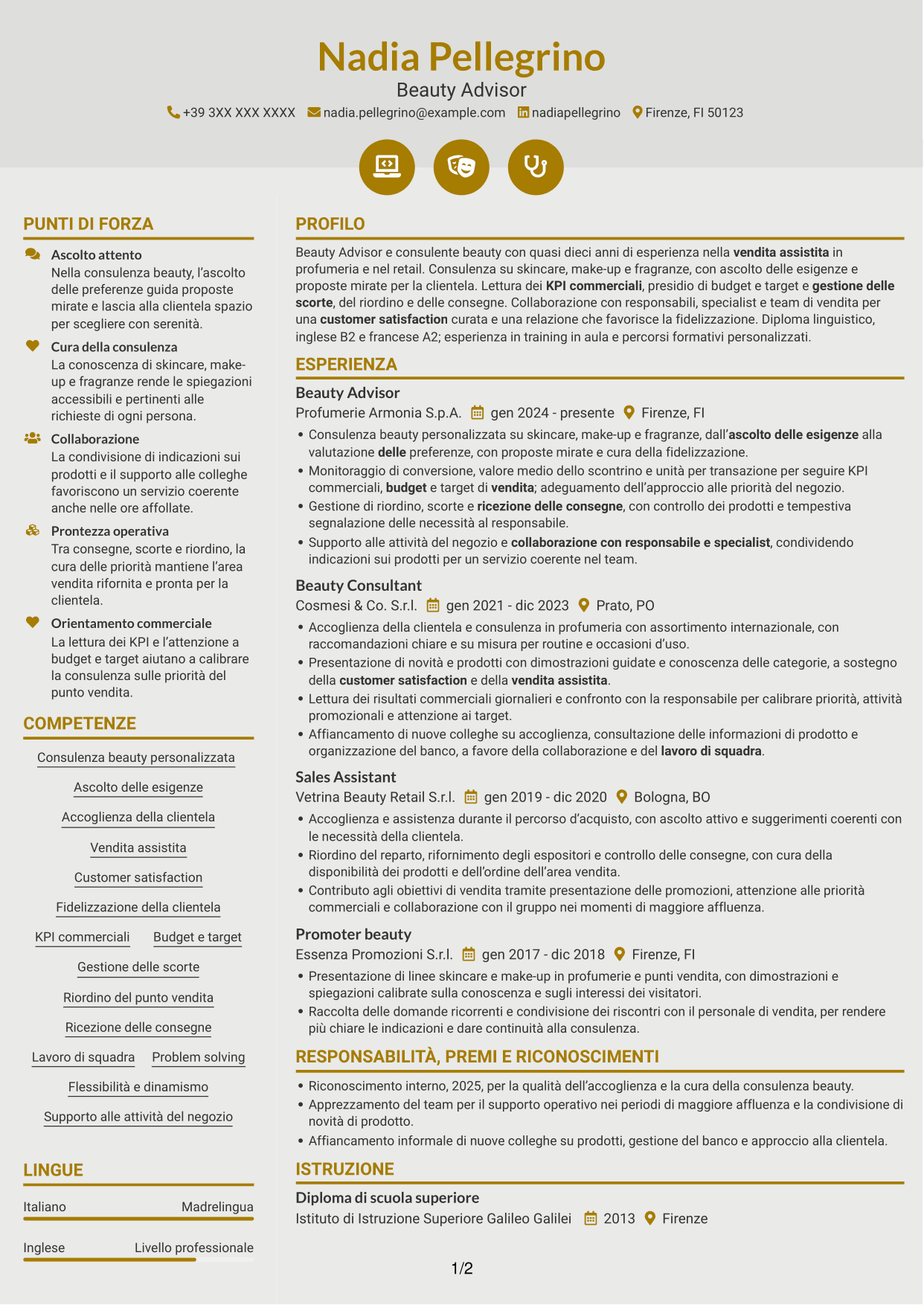 CV Dinamico (formato a due colonne con icone): Beauty Advisor, pagina 1