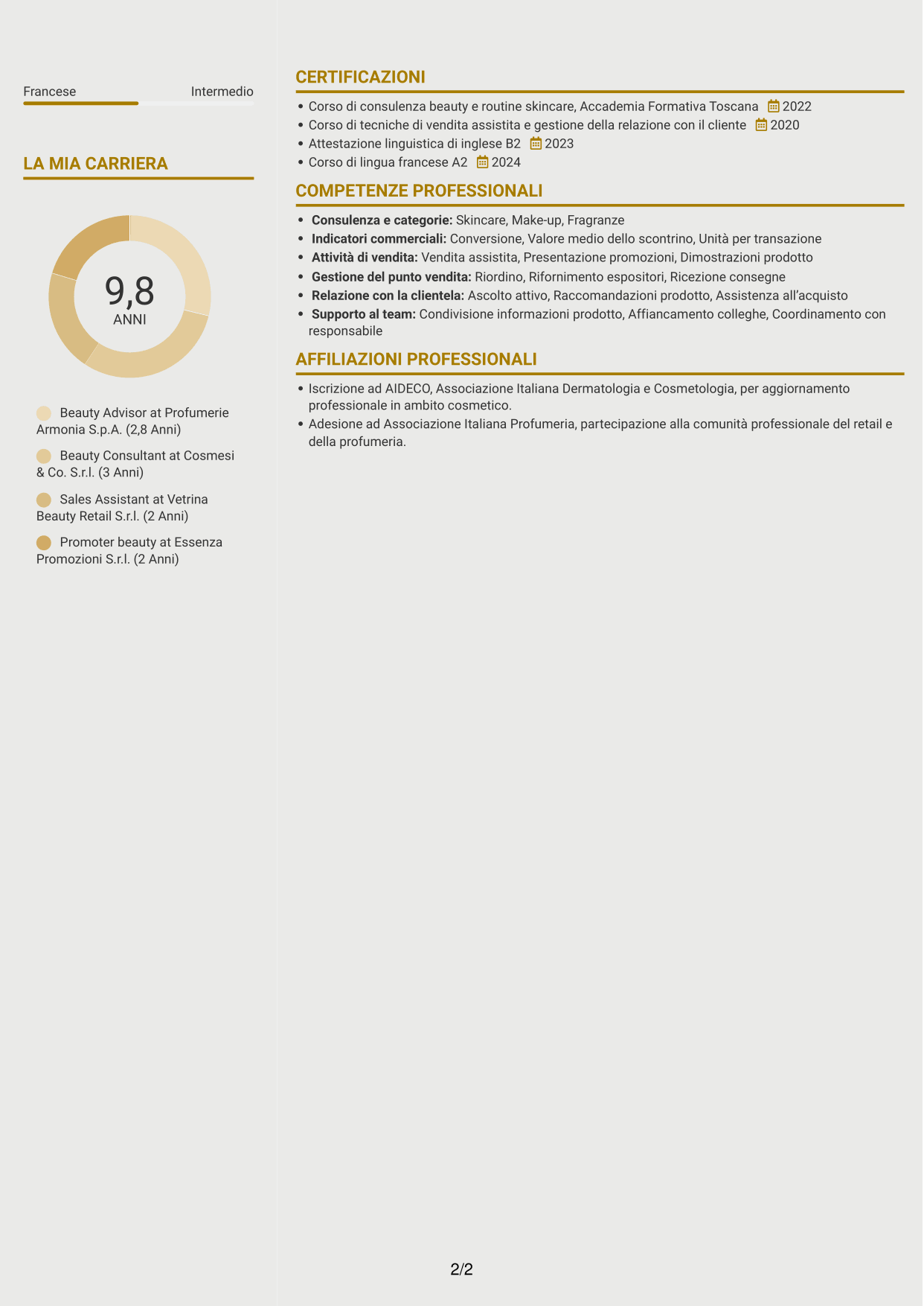 CV Dinamico (formato a due colonne con icone): Beauty Advisor, pagina 2