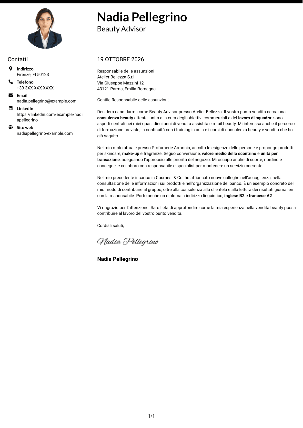 Lettera di presentazione Moderno (formato a due colonne con foto a sinistra e separatore): Beauty Advisor, pagina 1