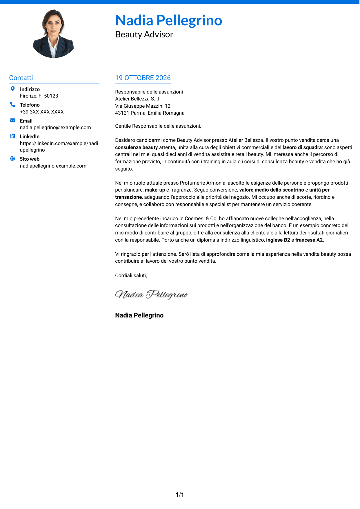 Lettera di presentazione Audace (formato a due colonne con accenti colorati e foto): Beauty Advisor, pagina 1