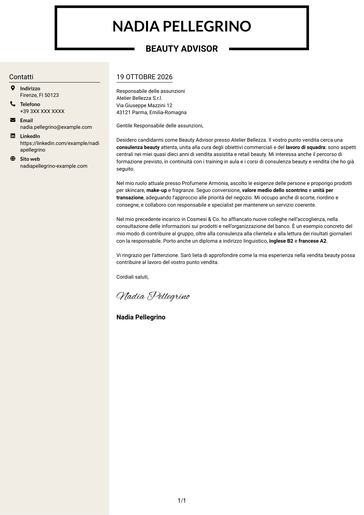 Lettera di presentazione Intraprendente (formato a due colonne con intestazione centrata senza foto): Beauty Advisor, pagina 1
