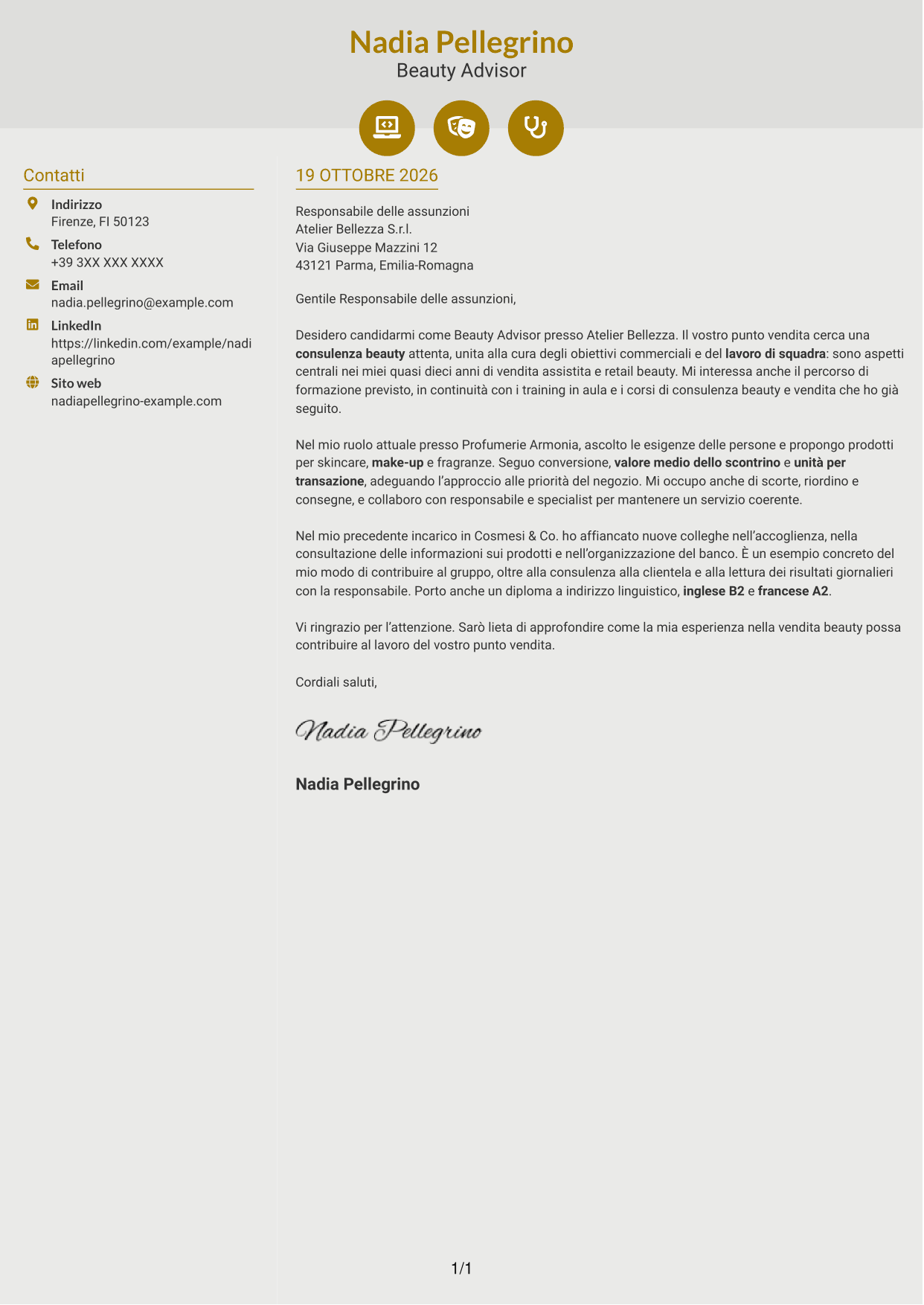 Lettera di presentazione Dinamico (formato a due colonne con icone): Beauty Advisor, pagina 1