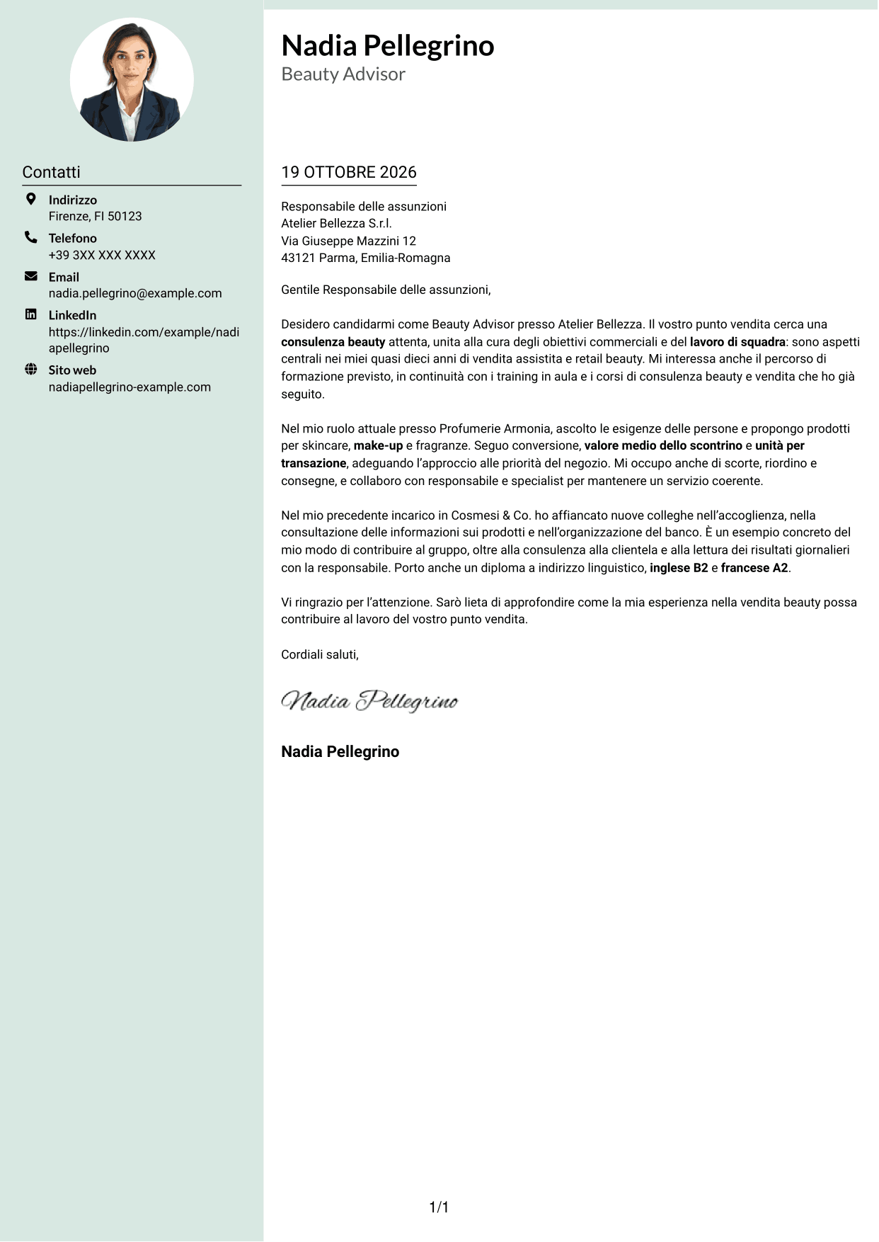 Lettera di presentazione Dirigente (formato con colonna laterale tenue e foto arrotondata): Beauty Advisor, pagina 1