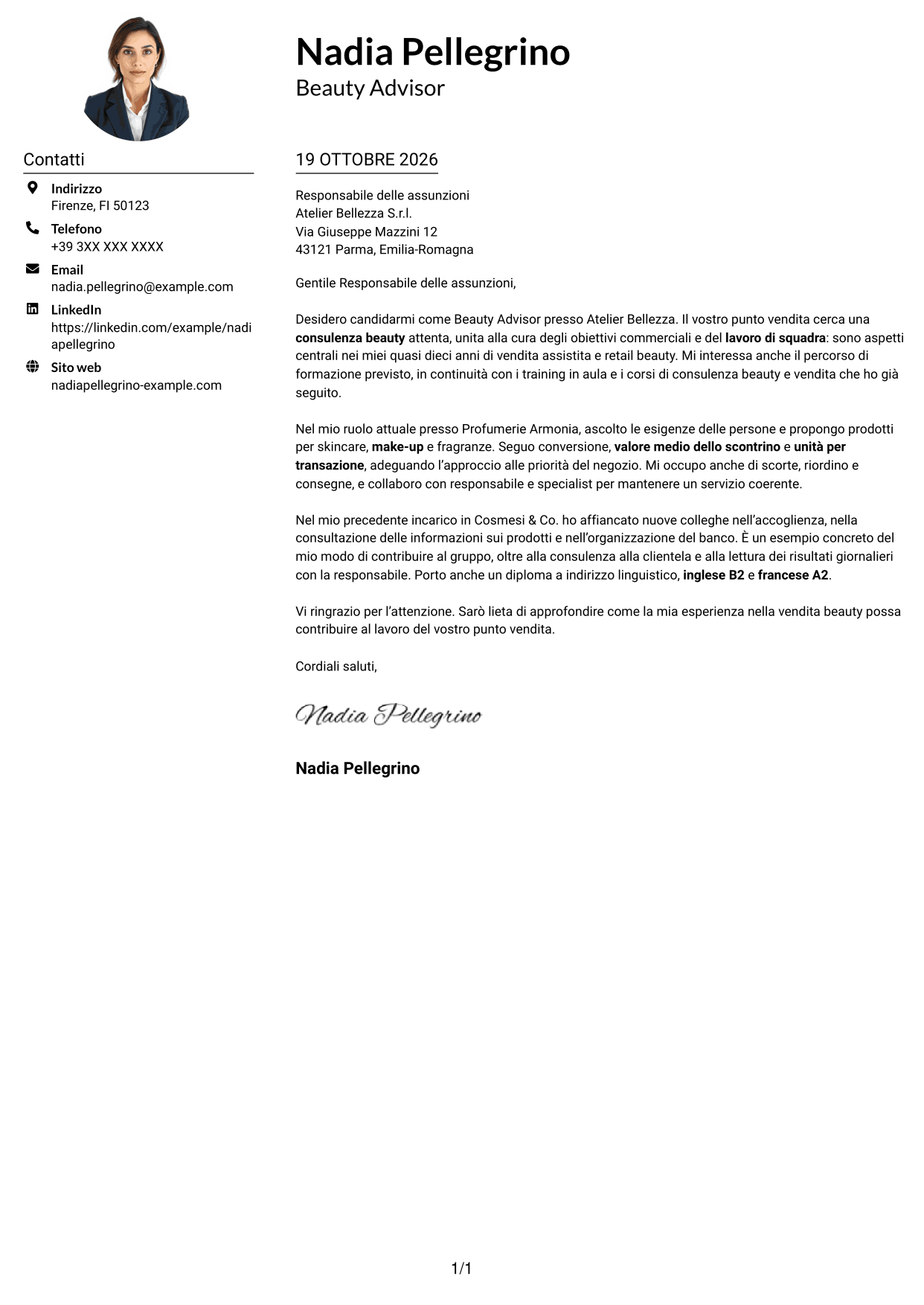 Esempio di lettera di presentazione — pagina 1