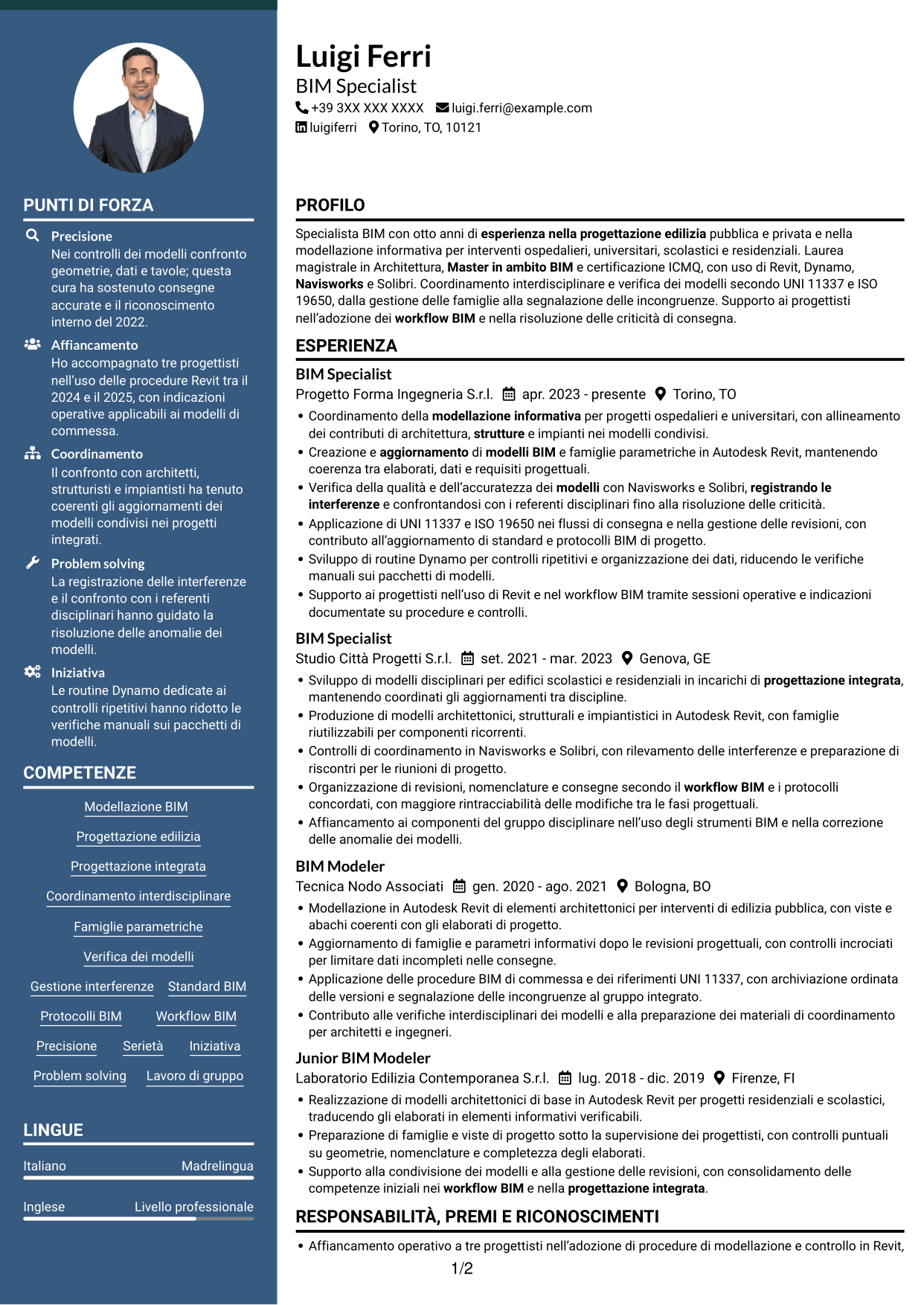 CV Elegante (formato con colonna laterale colorata e foto): BIM Specialist - Modellazione e coordinamento, pagina 1