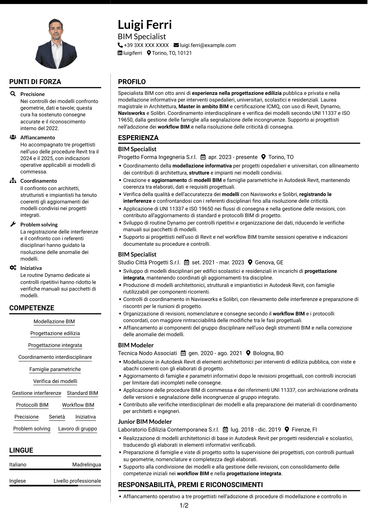 CV Moderno (formato a due colonne con foto a sinistra e separatore): BIM Specialist - Modellazione e coordinamento, pagina 1