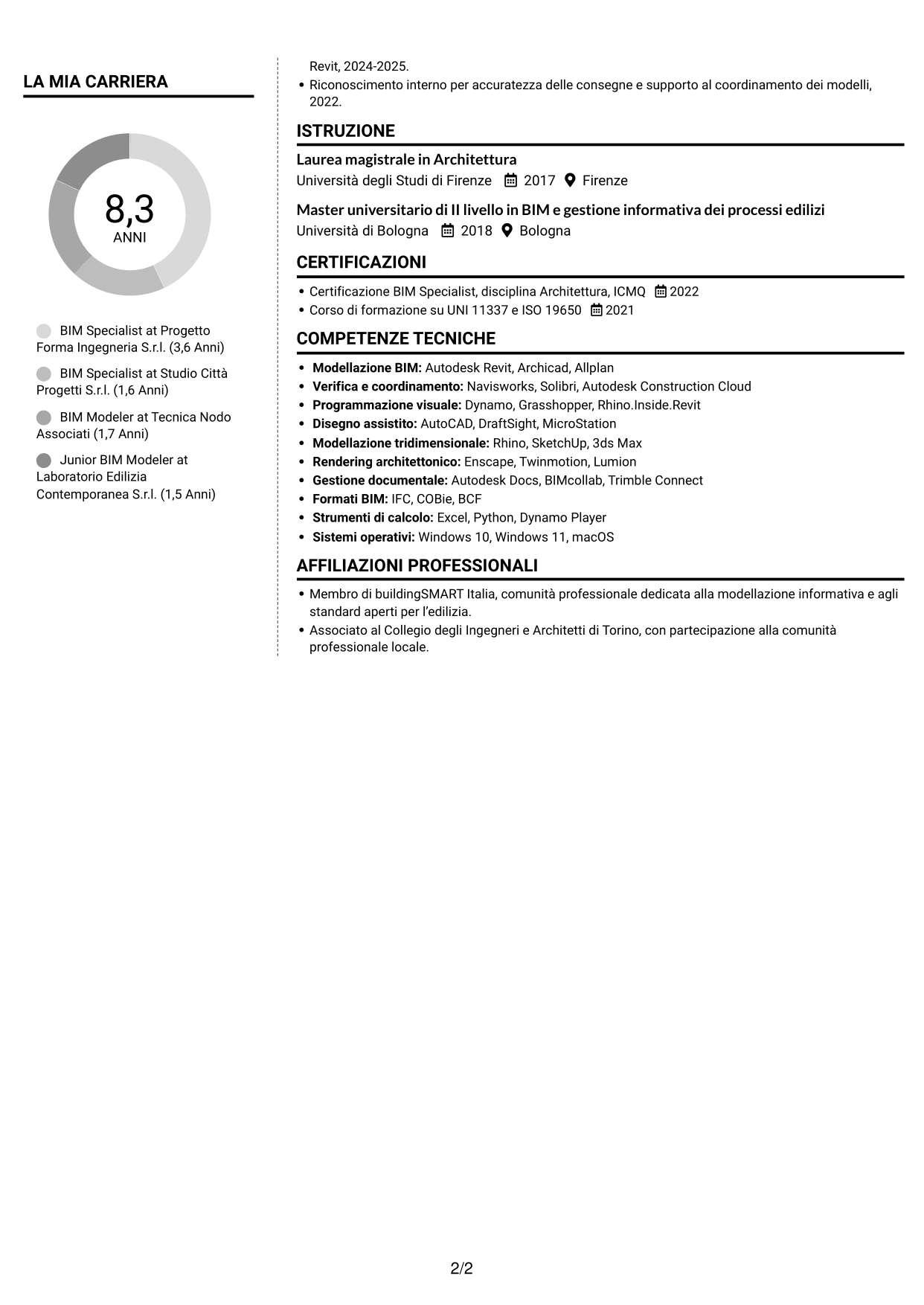 CV Moderno (formato a due colonne con foto a sinistra e separatore): BIM Specialist - Modellazione e coordinamento, pagina 2