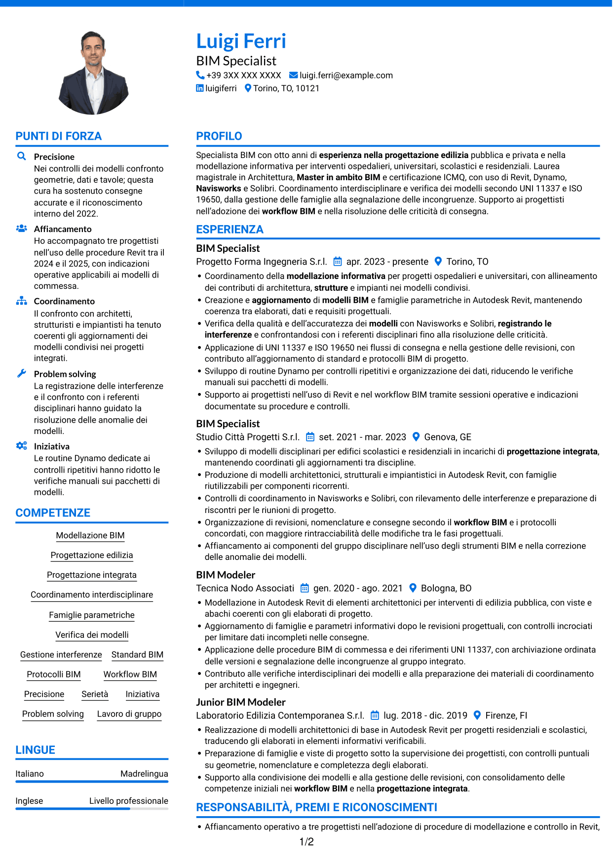 CV Audace (formato a due colonne con accenti colorati e foto): BIM Specialist - Modellazione e coordinamento, pagina 1