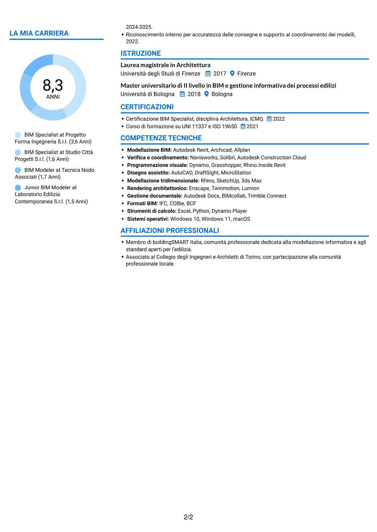 CV Audace (formato a due colonne con accenti colorati e foto): BIM Specialist - Modellazione e coordinamento, pagina 2