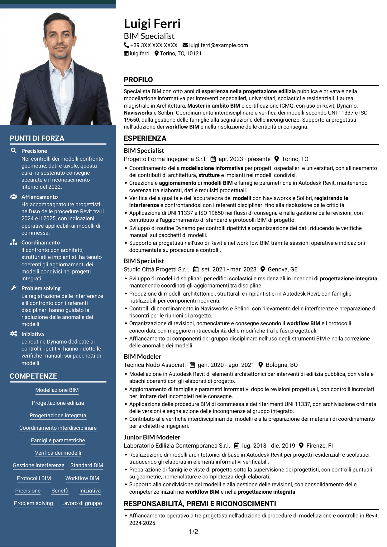 CV Signature (formato con colonna laterale colorata e foto grande): BIM Specialist - Modellazione e coordinamento, pagina 1