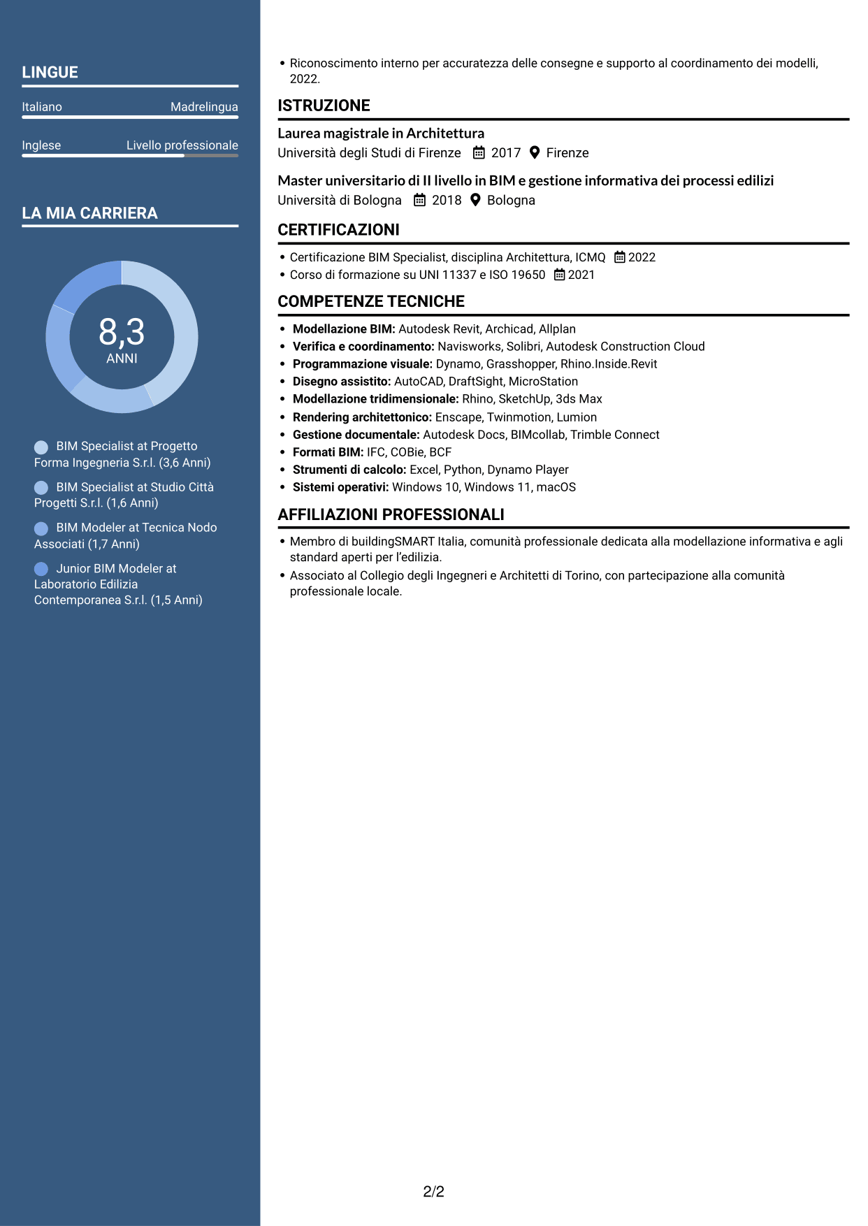 CV Signature (formato con colonna laterale colorata e foto grande): BIM Specialist - Modellazione e coordinamento, pagina 2