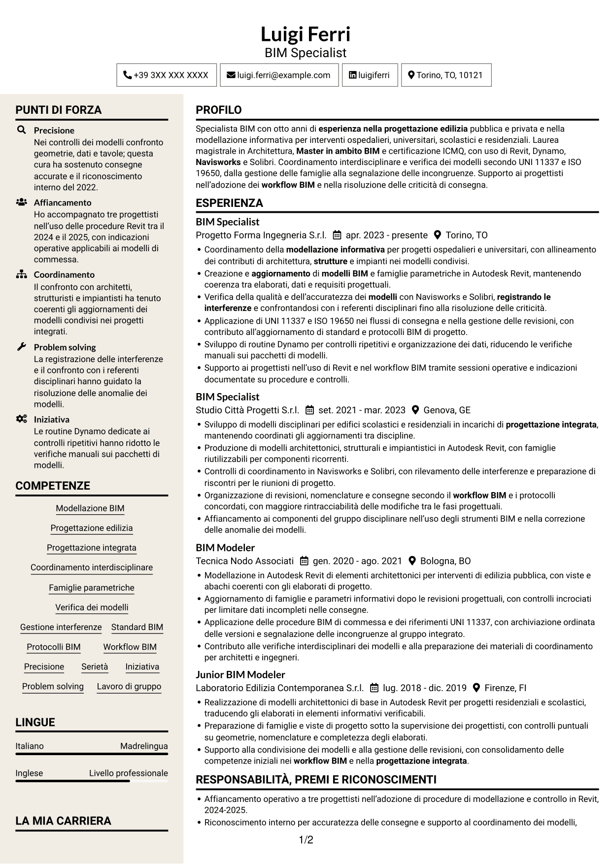 CV Intraprendente (formato a due colonne con intestazione centrata senza foto): BIM Specialist - Modellazione e coordinamento, pagina 1