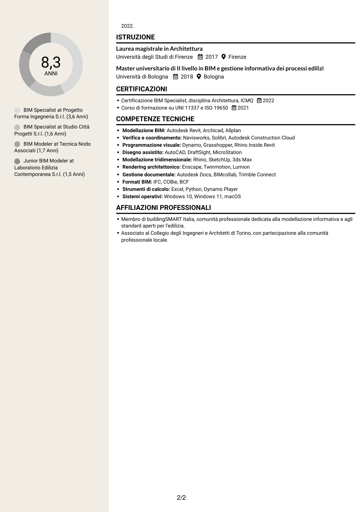 CV Intraprendente (formato a due colonne con intestazione centrata senza foto): BIM Specialist - Modellazione e coordinamento, pagina 2