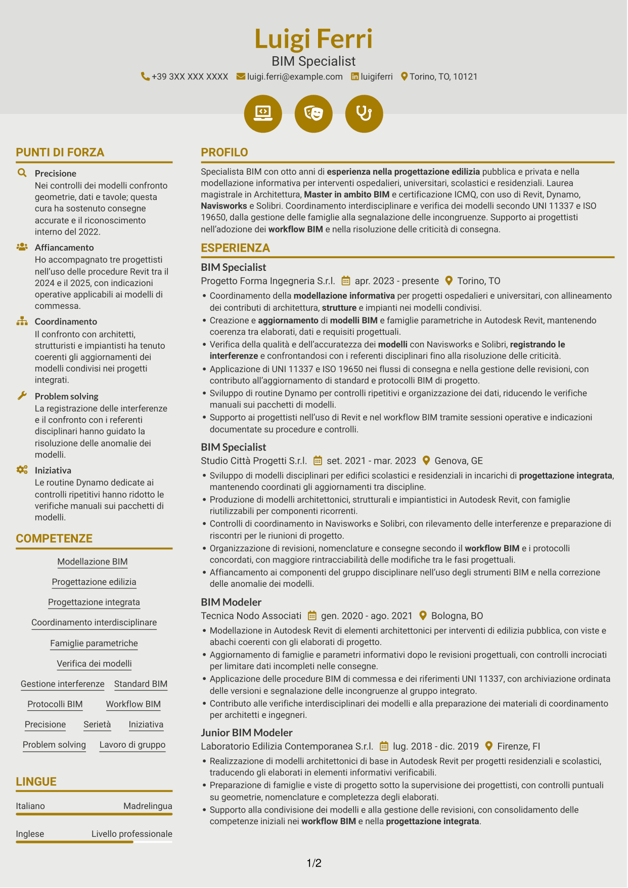 CV Dinamico (formato a due colonne con icone): BIM Specialist - Modellazione e coordinamento, pagina 1