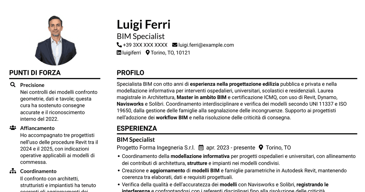 7 modelli di CV per BIM Specialist - Modellazione e coordinamento, con esempi