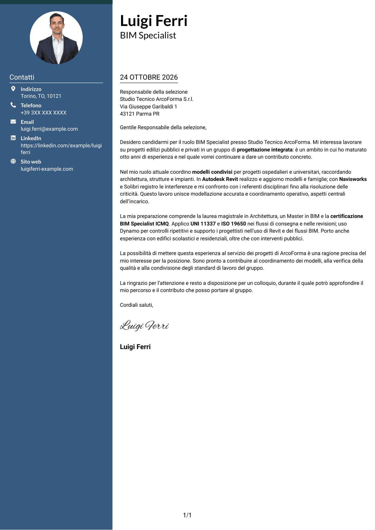 Lettera di presentazione Elegante (formato con colonna laterale colorata e foto): BIM Specialist - Modellazione e coordinamento, pagina 1
