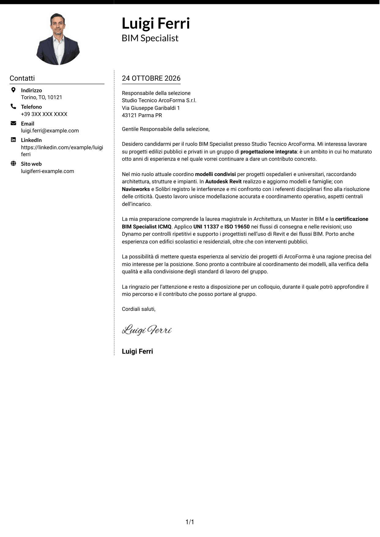 Lettera di presentazione Moderno (formato a due colonne con foto a sinistra e separatore): BIM Specialist - Modellazione e coordinamento, pagina 1